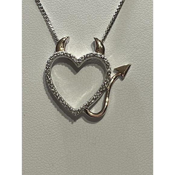 Sterling Silver 1/20 Ct Diamond Heart Devil Horns 14k Rose Gold Pendant Necklace - Picture 9 of 10